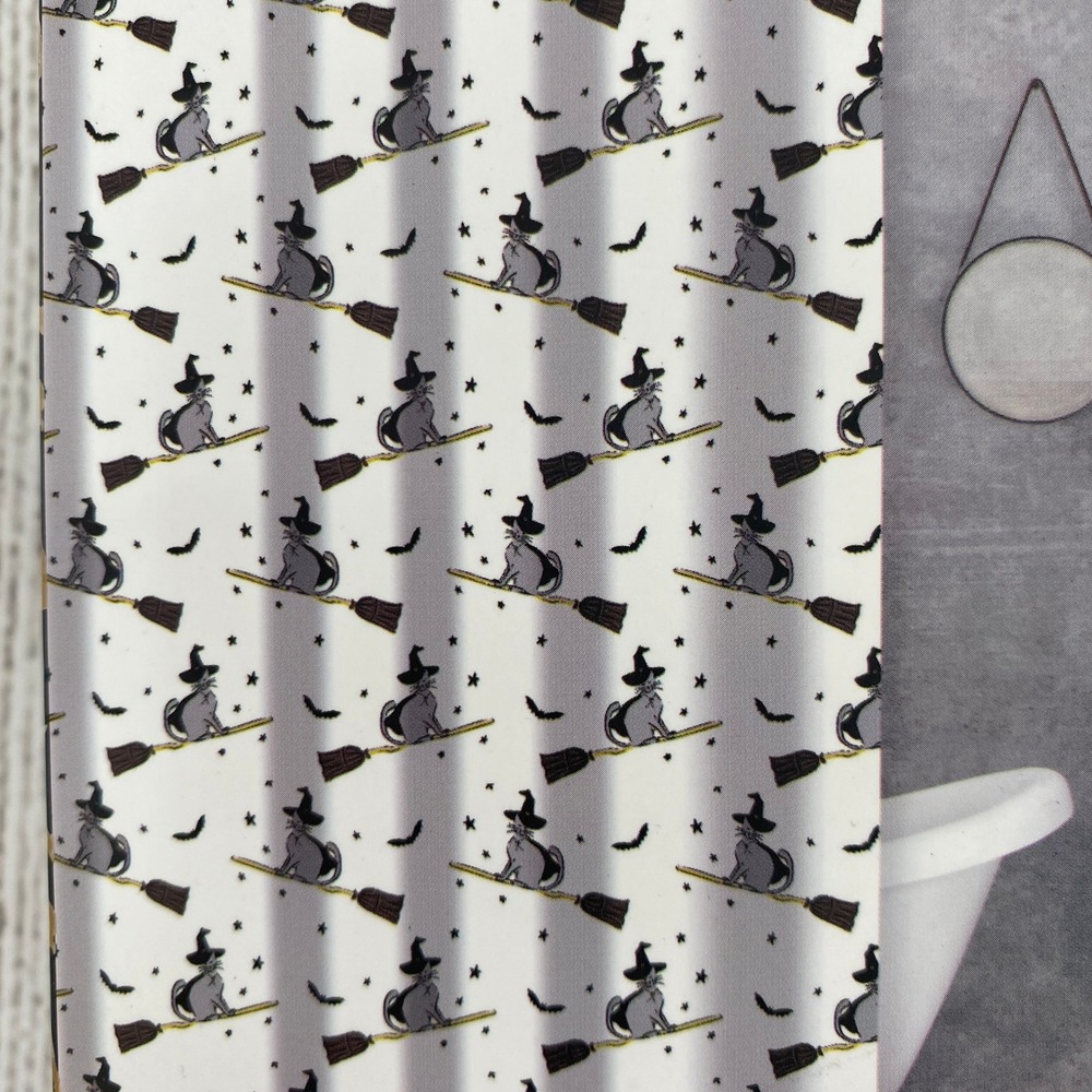 Salem's Spooky Shower Curtain White Black Cat Witch Broom Halloween Gothic - Picture 3 of 11